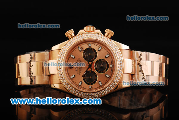 Rolex Daytona Chronograph Miyota Quartz Movement Full Rose Gold with Rose Gold Dial - Three Black Subdials and Double Row Diamond Bezel - Click Image to Close